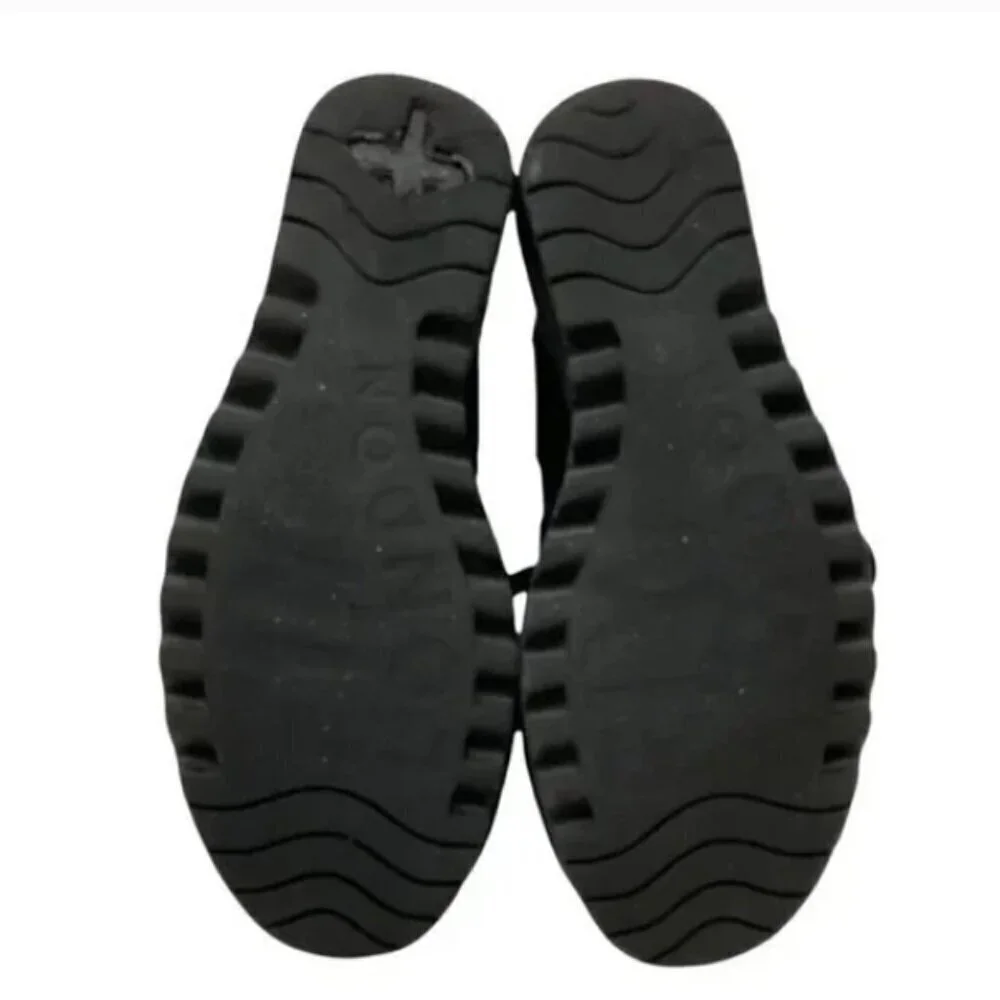 Fly London Yaba Black Leather Lace Up Open Toe Wedge Platforms - Size 6.5